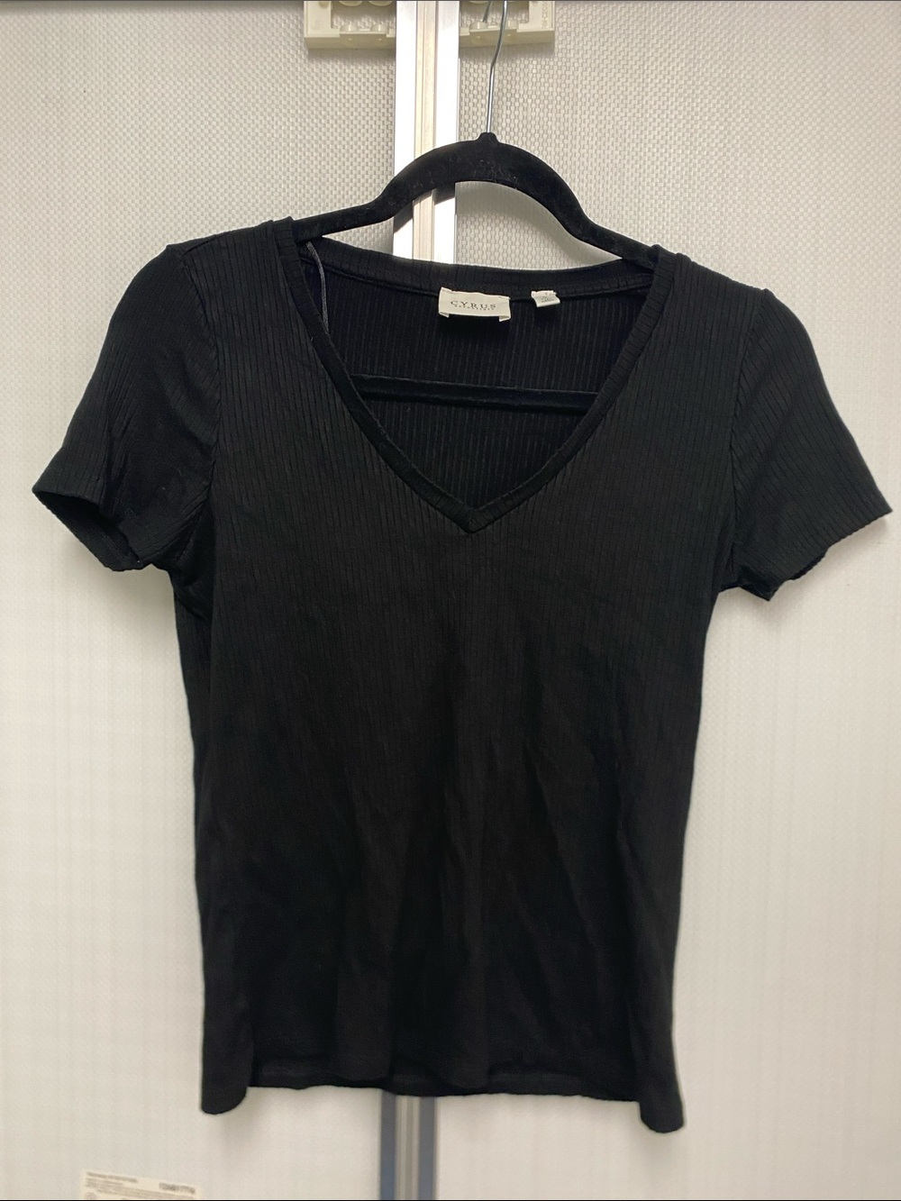 Sandro Black Ribbed V-Neck Short Sleeve Top
